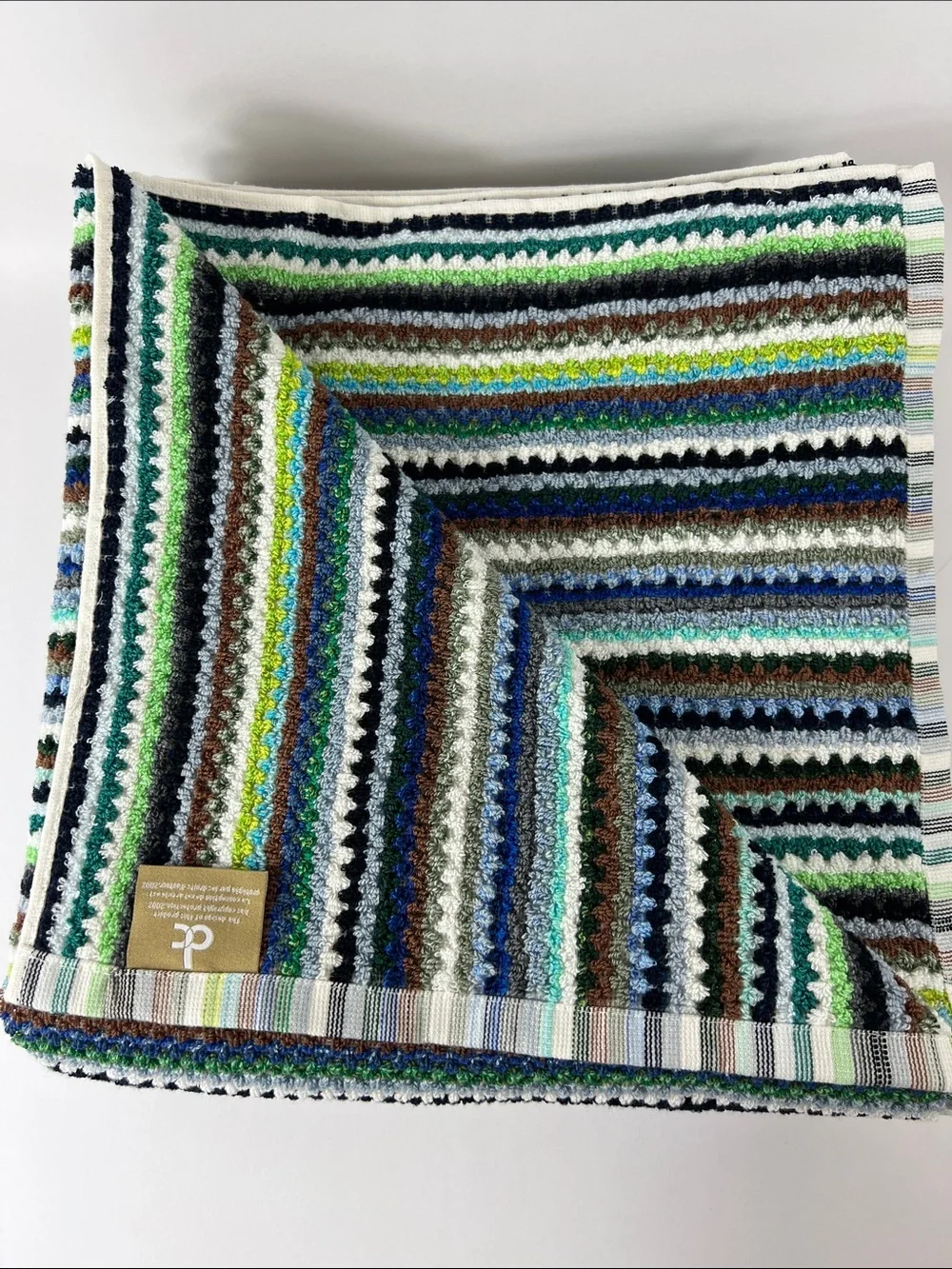 Deborah Connolly Bath Towels Boho Striped Bright Teal Green Blue Soft 2 Pc NEW